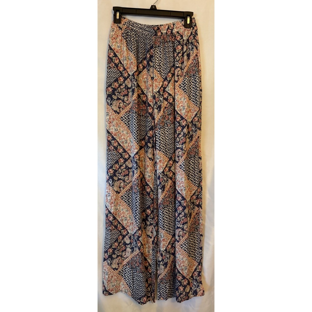 Women patchwork Print Wide Leg Elastic Waist Loose Fit Pants S Boho Festival NWT